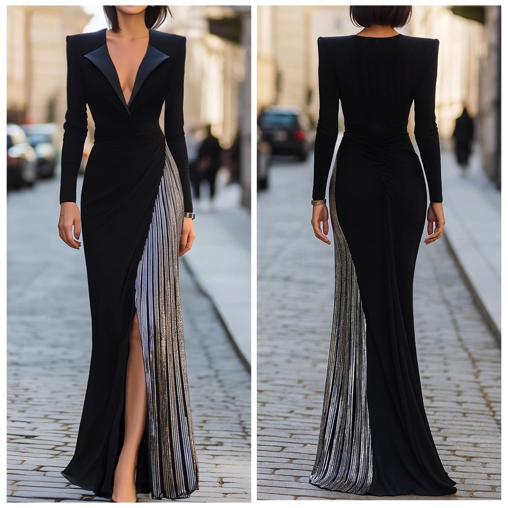 NEW Mooyius Black Tuxedo Maxi Gown Silver Metallic Pleated Panel High‎ Size XS